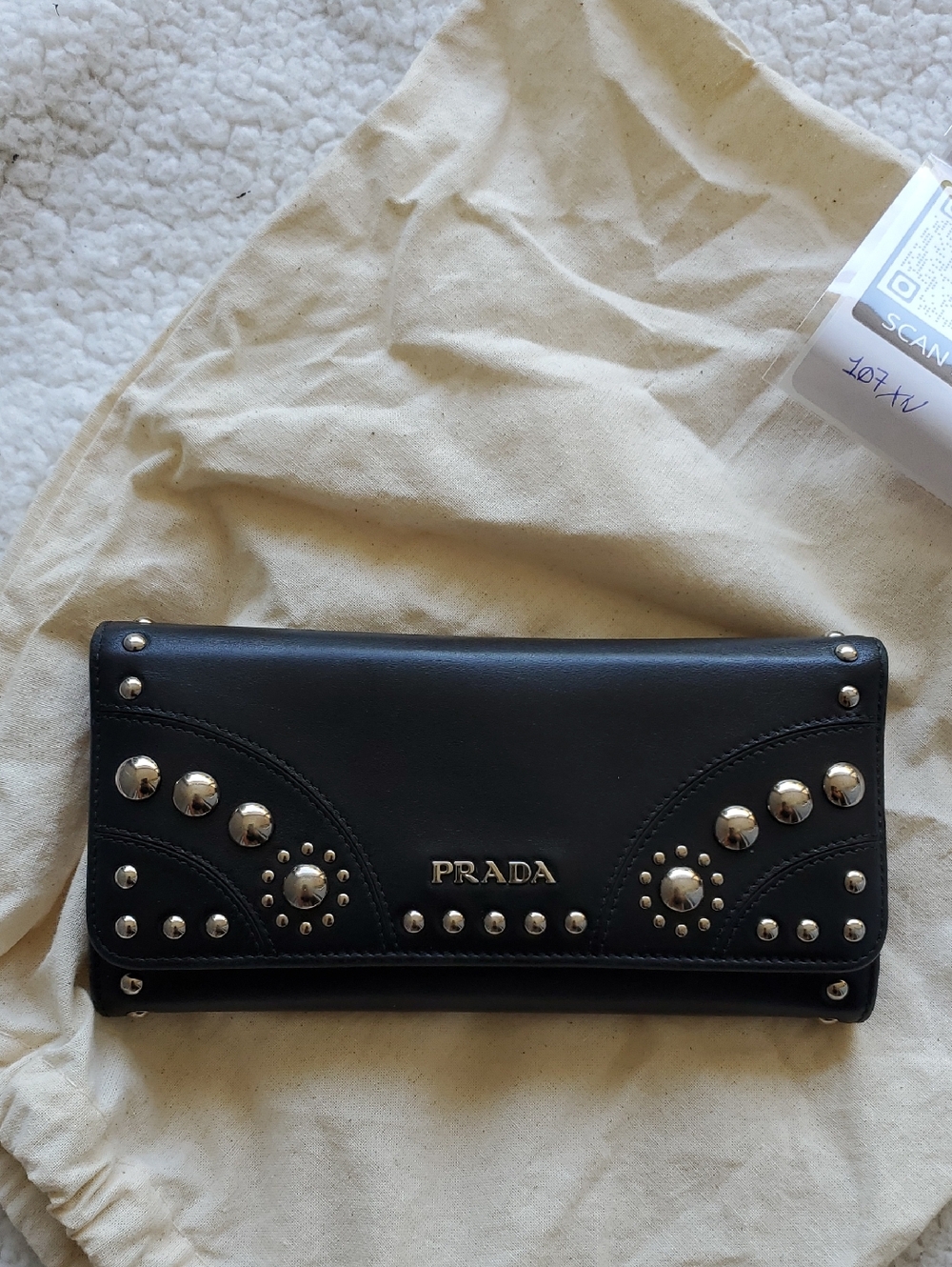 Prada Black Leather Studded Continental Wallet
